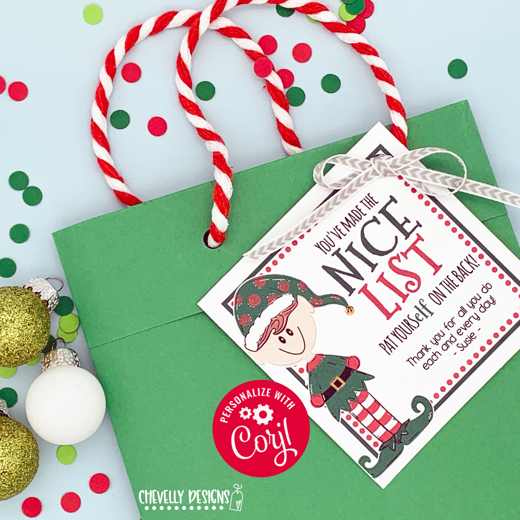 Editable Digital File - Elf Nice List Christmas Gift Tag